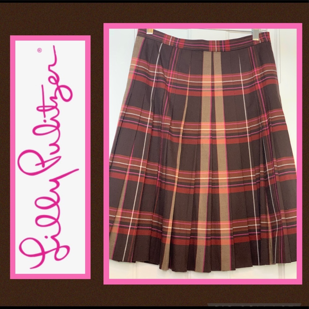 Lilly Pulitzer Vintage Larissa Yarmouth Brown, Orange & Pink Plaid Pleated Skirt